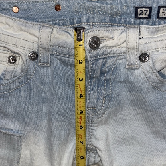 Miss Me Signature Skinny Low Rise Distressed, Patches Jeans, Size 27x31 - Picture 8 of 16